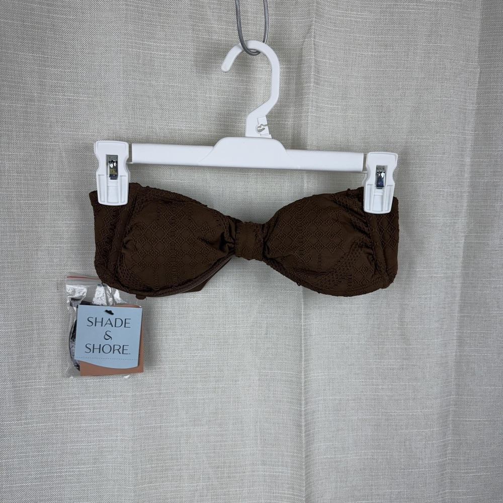 Shade & Shore Bikini Top Womens XS Brown Crochet Bandeau Removable Pads NWT